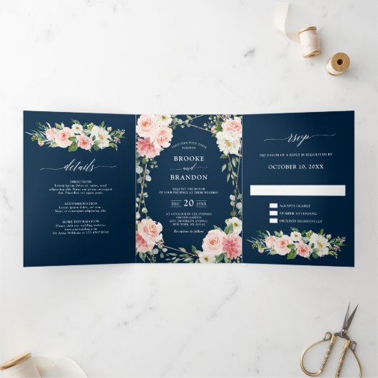 赤面ネイビーフローラ金ゴールド幾何学植物結婚の 三つ折り案内状 (内部)