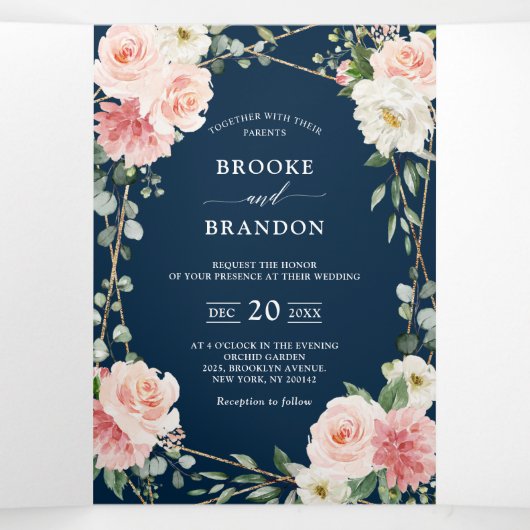 赤面ネイビーフローラ金ゴールド幾何学植物結婚の 三つ折り案内状 (内部中)