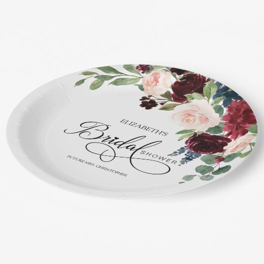 赤面ネイビーブルゴーニマルサラフローラブライダルシャワー ペーパープレート (アングル)