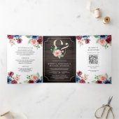 赤面ネイビーブルゴーニュフローラウッドQRコード結婚ズ 三つ折り招待状 (内部)