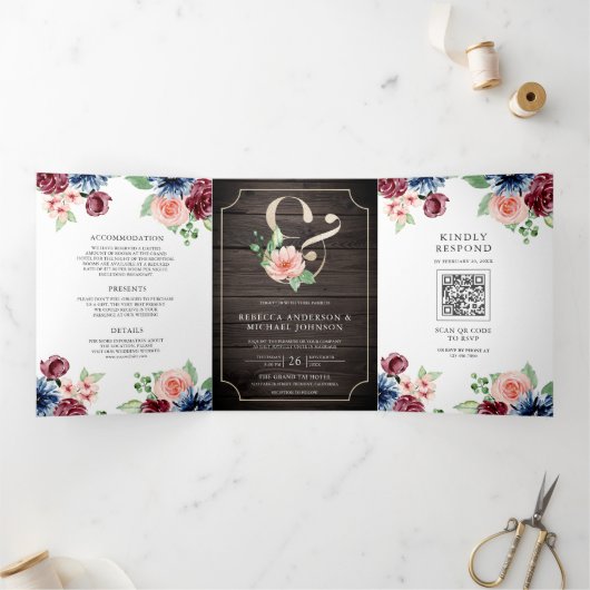 赤面ネイビーブルゴーニュフローラウッドQRコード結婚ズ 三つ折り招待状 (内部)