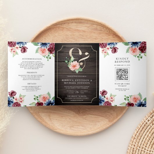 赤面ネイビーブルゴーニュフローラウッドQRコード結婚ズ 三つ折り招待状