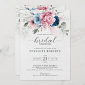 赤面ネイビーブルーソフトパステルピンクブライダルシャワー 招待状 (正面/裏面)