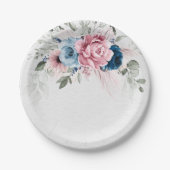 赤面ネイビーブルーソフトパステルピンク結婚フローラ ペーパープレート (正面)