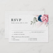 赤面ネイビーブルーソフトパステルピンク結婚フローラ 出欠カード (正面/裏面)