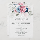 赤面ネイビーブルーソフトパステルピンク結婚フローラ 招待状 (正面/裏面)