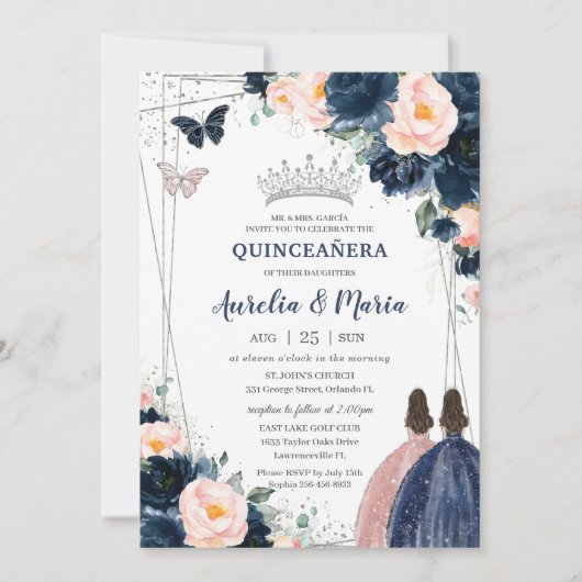 赤面ネイビーブルーフローラシルバーツインズキンセアニラ 招待状 (正面)