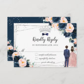 赤面ネイビーブルーフローラツインズボーイガールキンセアニラ 出欠カード (正面/裏面)