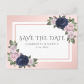 赤面ネイビーブルーフローラ結婚式の日付を保存 案内ポストカード (正面)