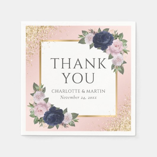 赤面ネイビーブルー金ゴールドフローラ結婚ズ スタンダードカクテルナプキン (正面)