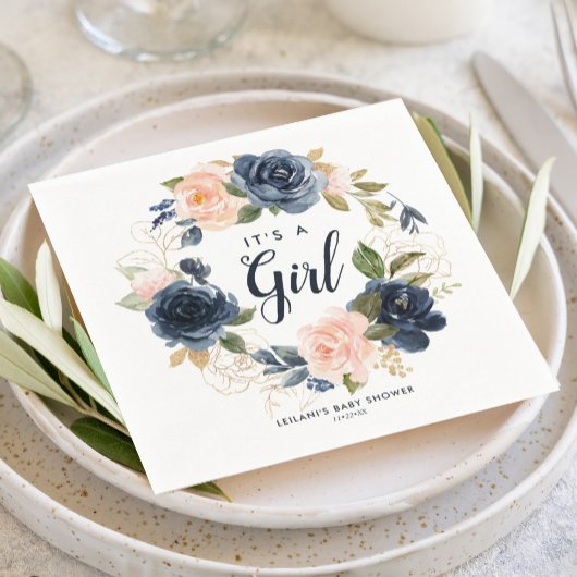 赤面ネイビーリース水色ベビーシャワーナプキンズ スタンダードカクテルナプキン