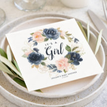 赤面ネイビーリース水色ベビーシャワーナプキンズ