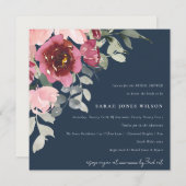 赤面ネイビーレッドローズフローラブライダルシャワー招待状 サンキューカード (正面/裏面)