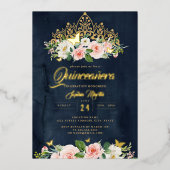 赤面ネイビー金ゴールドフローラバタフライティアラキンセアニェラ 箔招待状 (正面)