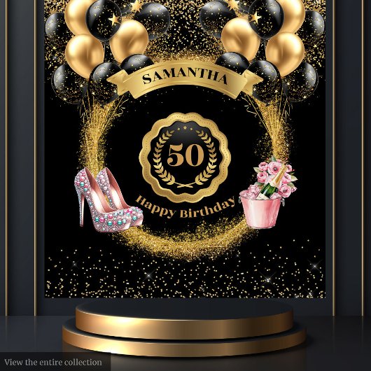 赤面ハイヒール金ゴールドグリッター50th誕生日バナー タペストリー