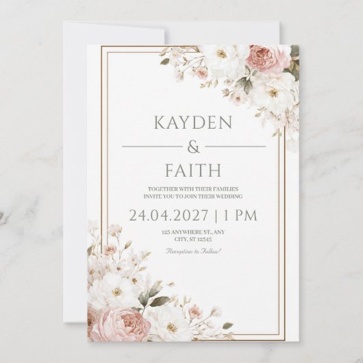 赤面バラとアイボリーフローラ結婚式招待状 招待状 (正面)