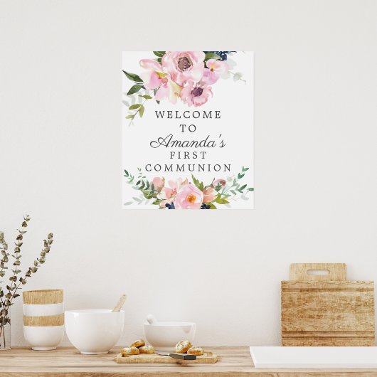 赤面バラとPeonies最初のコミュニオンウェルカムサイン ポスター (キッチン)