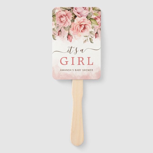 赤面バラの水彩女の子の赤ちゃんシャワー ハンドファン (正面)