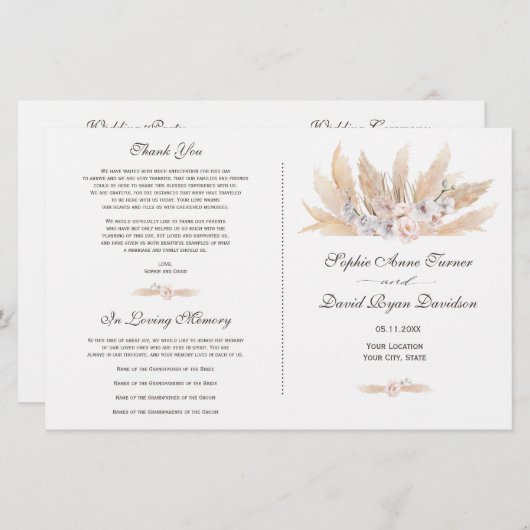 赤面バラオーキッドパンパスグラス結婚式 プログラム (正面/裏面)