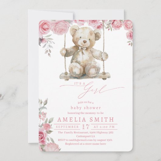 赤面バラス素朴イングベアーガールシャワー 招待状 (正面)