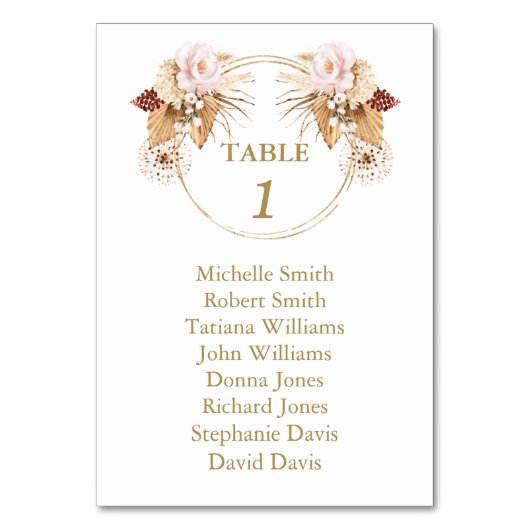 赤面バラパンパスグラス結婚のシーティングチャート テーブルナンバー (正面)