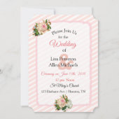 赤面バラピンクストライプのフローラ結婚式招待状 招待状 (正面)