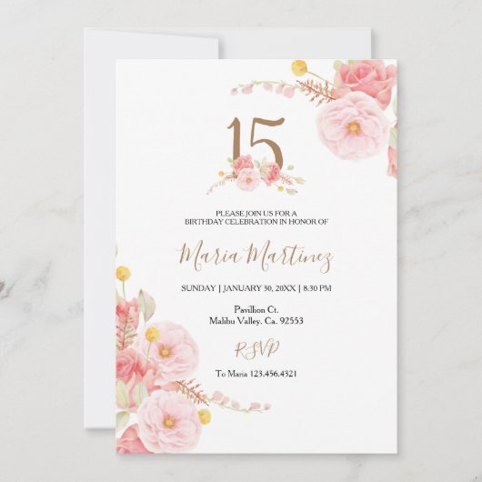 赤面バラピンクフラワーズ15th誕生日招待状 招待状 (正面)
