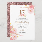 赤面バラピンクフラワーズ15th誕生日招待状 招待状 (正面/裏面)