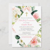 赤面バラファーストコミュニオン&ブランチピンク&ホワイト 招待状 (正面)