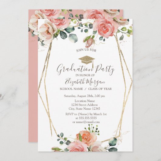 赤面バラフレーム、グラッドキャップ、卒業 招待状 (正面/裏面)