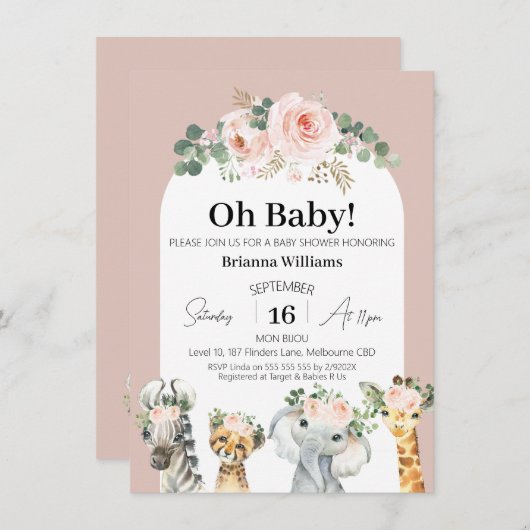 赤面バラフローラアーチサファリベイビーシャワー 招待状 (正面/裏面)