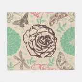 赤面バラフローラヴィンテージガーデンパターン フリースブランケット (正面(横))