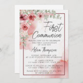 赤面バラフローラ水の色First Communion 招待状 (正面/裏面)