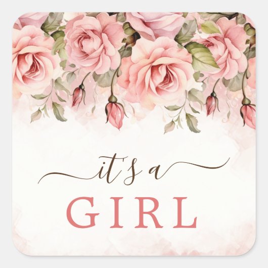 赤面バラベビーシャワー女の子だ スクエアシール (正面)