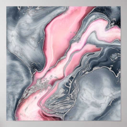 赤面バラマーブルパステルピンクス、グレーとシルバー ポスター (正面)