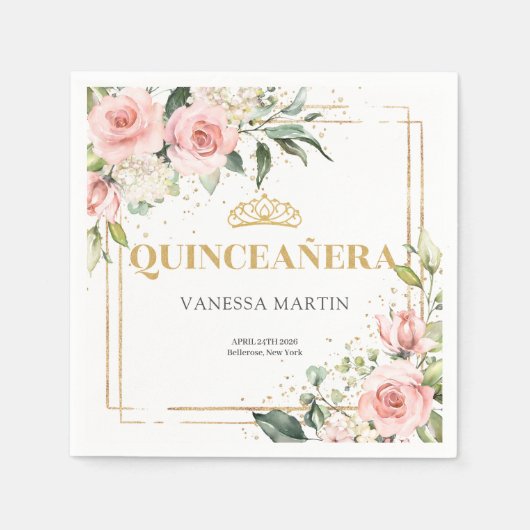 赤面バラユーカリ金ゴールドティアラ15歳の誕生日 スタンダードカクテルナプキン (正面)