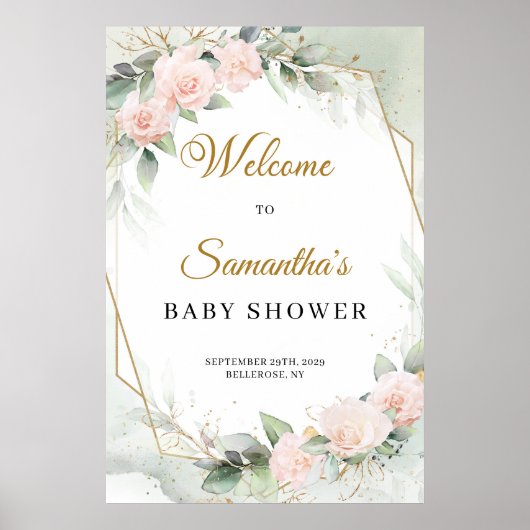 赤面バラユーカリ金ゴールドベビーシャワー歓迎 ポスター (正面)