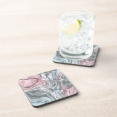赤面バラ大理石-パステルピンクと銀 コースター (右側)