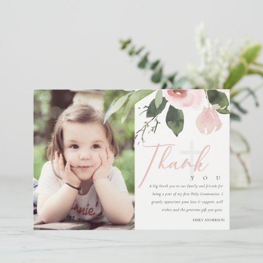 赤面バラ最初の聖餐会ありがとう写真 招待状 (スタンド正面)