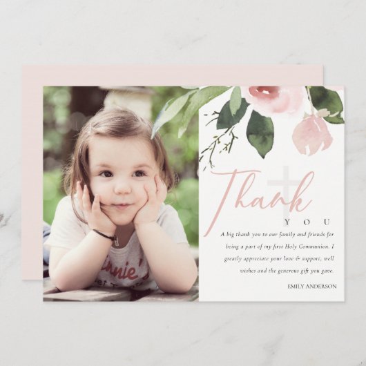 赤面バラ最初の聖餐会ありがとう写真 招待状 (正面/裏面)