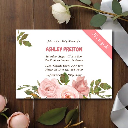 赤面バラ水カラーフローラベビーシャワー 招待状