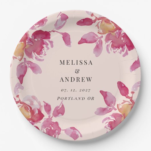 赤面バラ水モダン色結婚の ペーパープレート (正面)