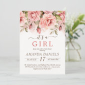 赤面バラ水彩赤ちゃんシャワー女の子 招待状 (スタンド正面)