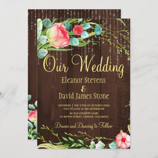 赤面バラ素朴なストリングライト結婚バーウッド 招待状 (正面/裏面)