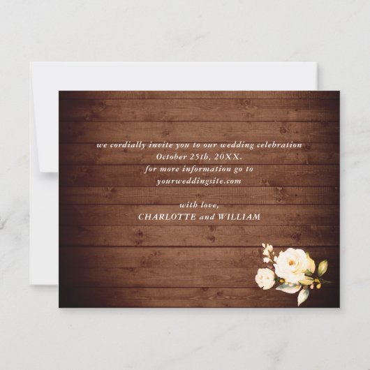 赤面バラ素朴ウッドグリーナリー結婚写真 セーブザデート (裏面)