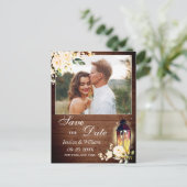 赤面バラ素朴ウッド写真ウェディング日付を保存 ポストカード (スタンド正面)