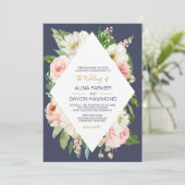 赤面バラ赤面ピンクホワイトネイビーフローラ結婚ズ 招待状 (スタンド正面)