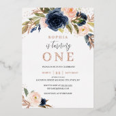 赤面バラ金ゴールドネイビーフローラガール1st誕生日 箔招待状 (正面)