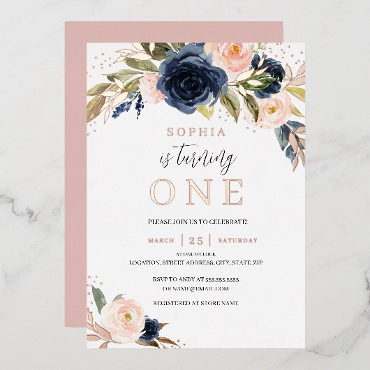 赤面バラ金ゴールドネイビーフローラガール1st誕生日 箔招待状 (正面/裏面)