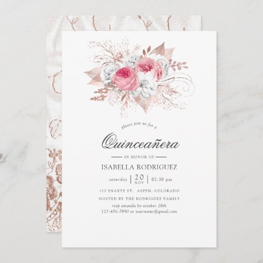 赤面バラ金ゴールドフローラおよびレースキンセニェラ 招待状 (正面/裏面)